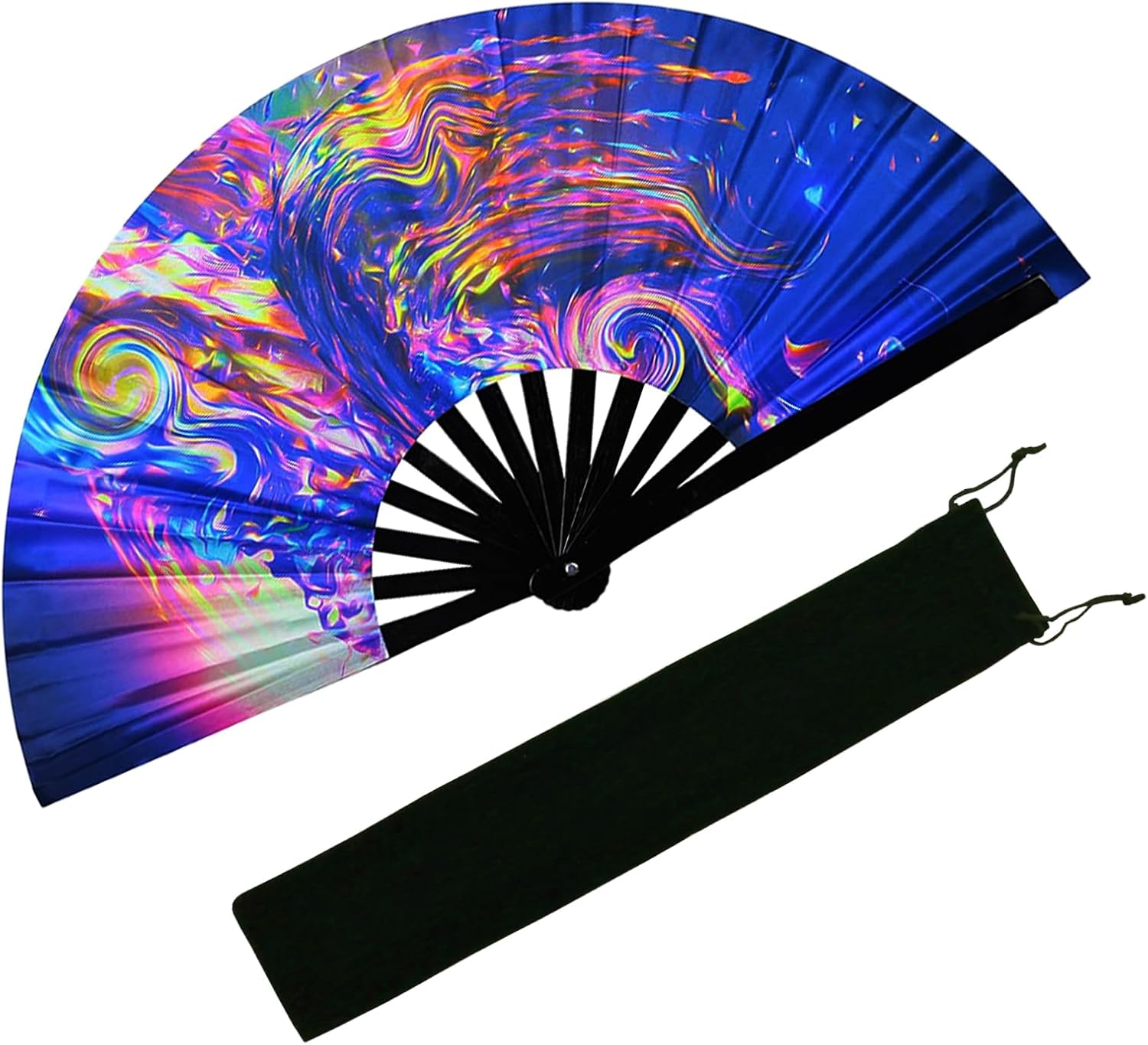 EOSAU UV Glow Large Rave Fan Folding Hand Fans for Line Dancing Portable Handheld Clack Fan for Festival EDM Party Music Outfit Accessories (13" Waves)