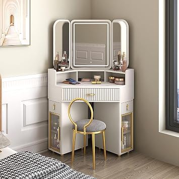 Corner Makeup Vanity Table with Tri-fold Illuminated Mirror, Vanity Desk with Large-Capacity Secondary Cabinet, Bedroom Dressing Table with Stool for Small Spaces Color White, Size 90CM