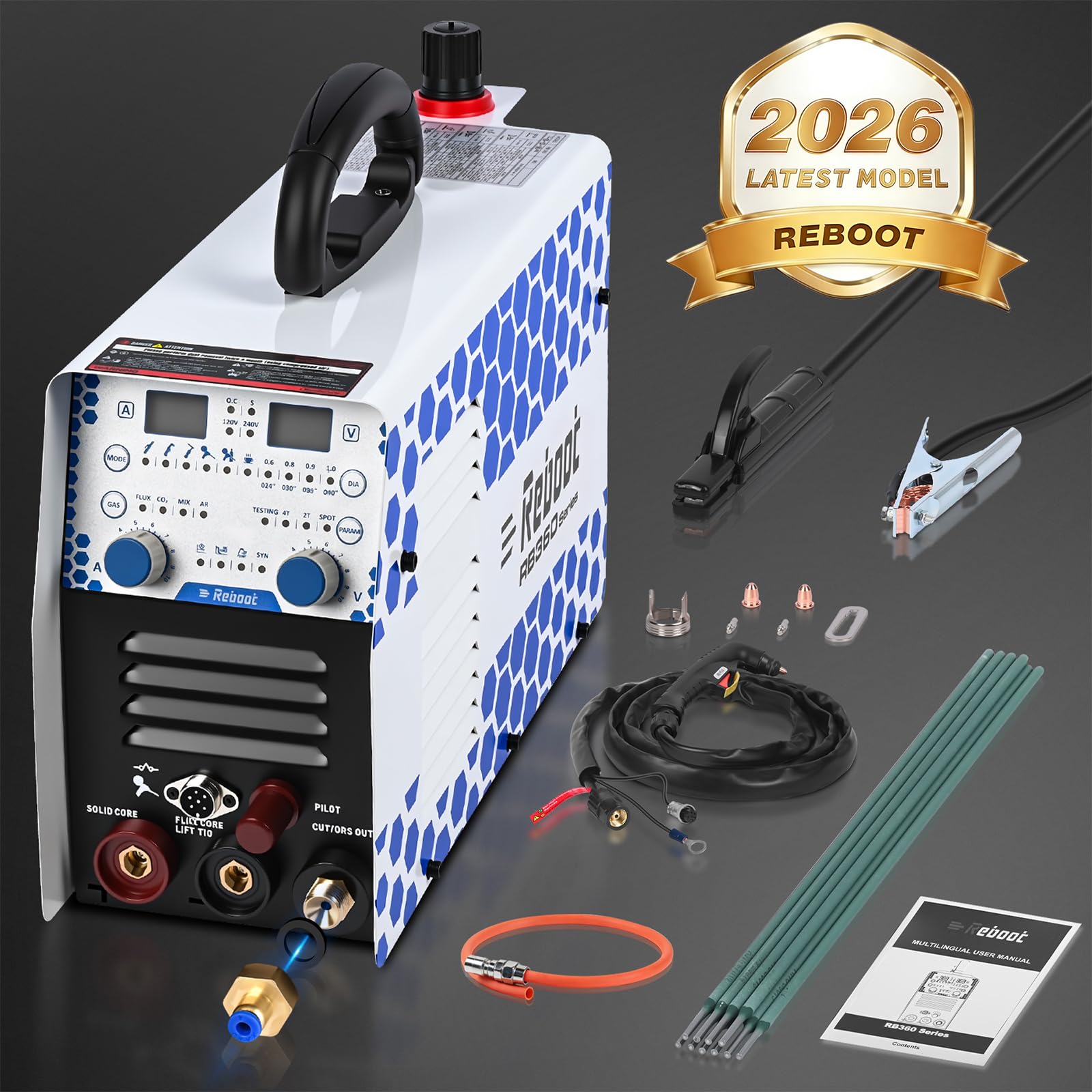 Reboot Schweißgerät mit Plasmaschneider 7-in-1 Doppelspannung 120/240V, Plasma 30A ohne HF bis 16mm, MMA 130A MIG Fülldraht WIG, zum Aluminium schweißen, MIG- und WIG-Brenner inklusive