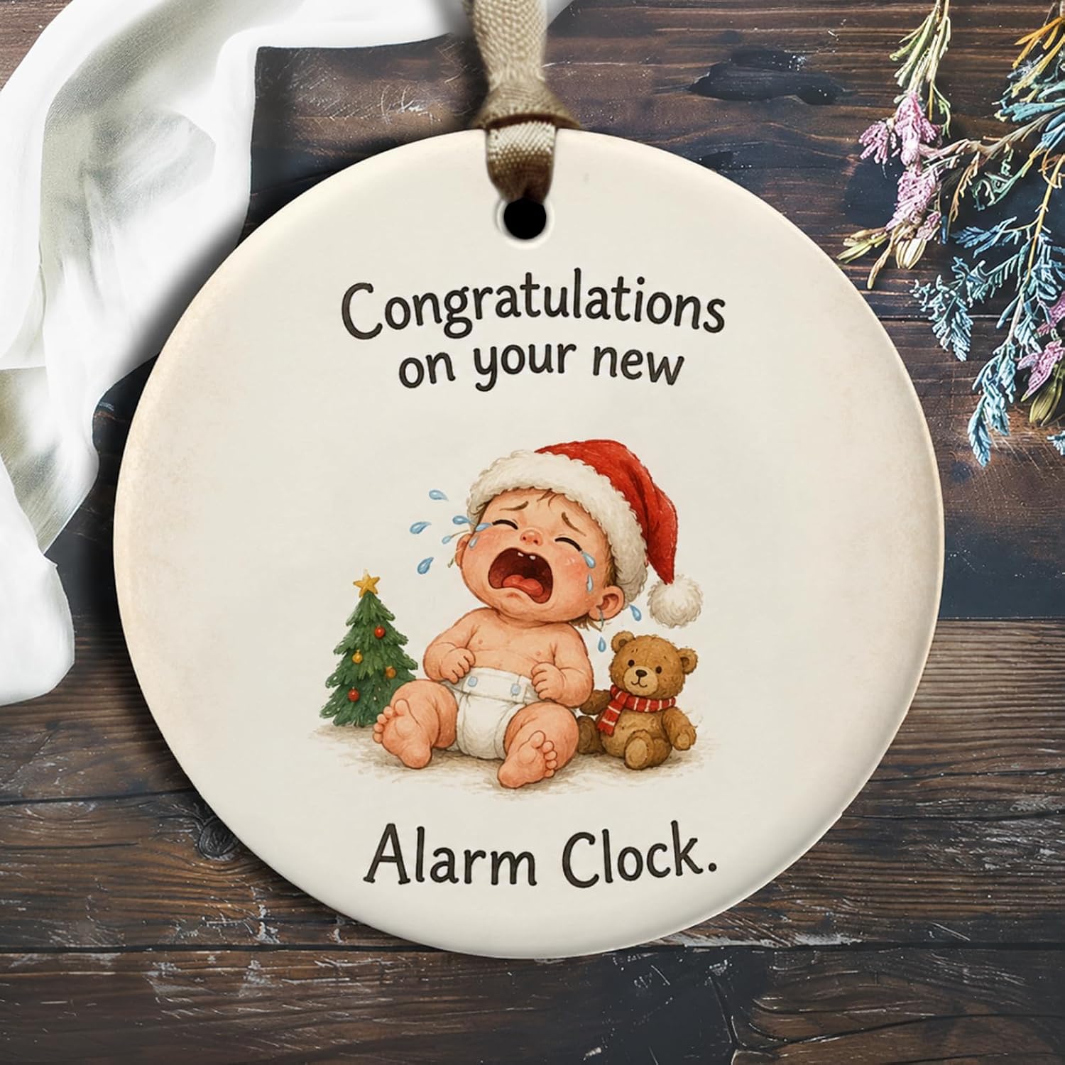 CAPYTINI Congratulations On Your New Alarm Clock Funny Baby Ornament New Parent Gift Christmas Baby Cute Santa Hat Ornament
