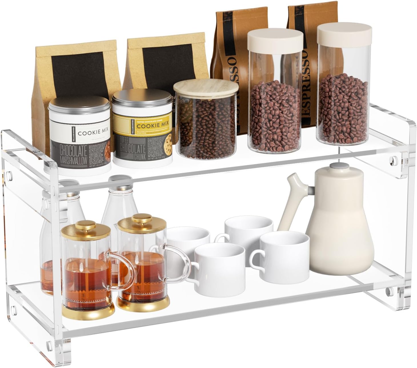 YUNEASELF Coffee Station Organizer Countertup: Coffee Bar Accessories - 2 Tier Kitchen Acrylic Storage Shelf for Placing Mugs Beans Syrup Cups Stirrers