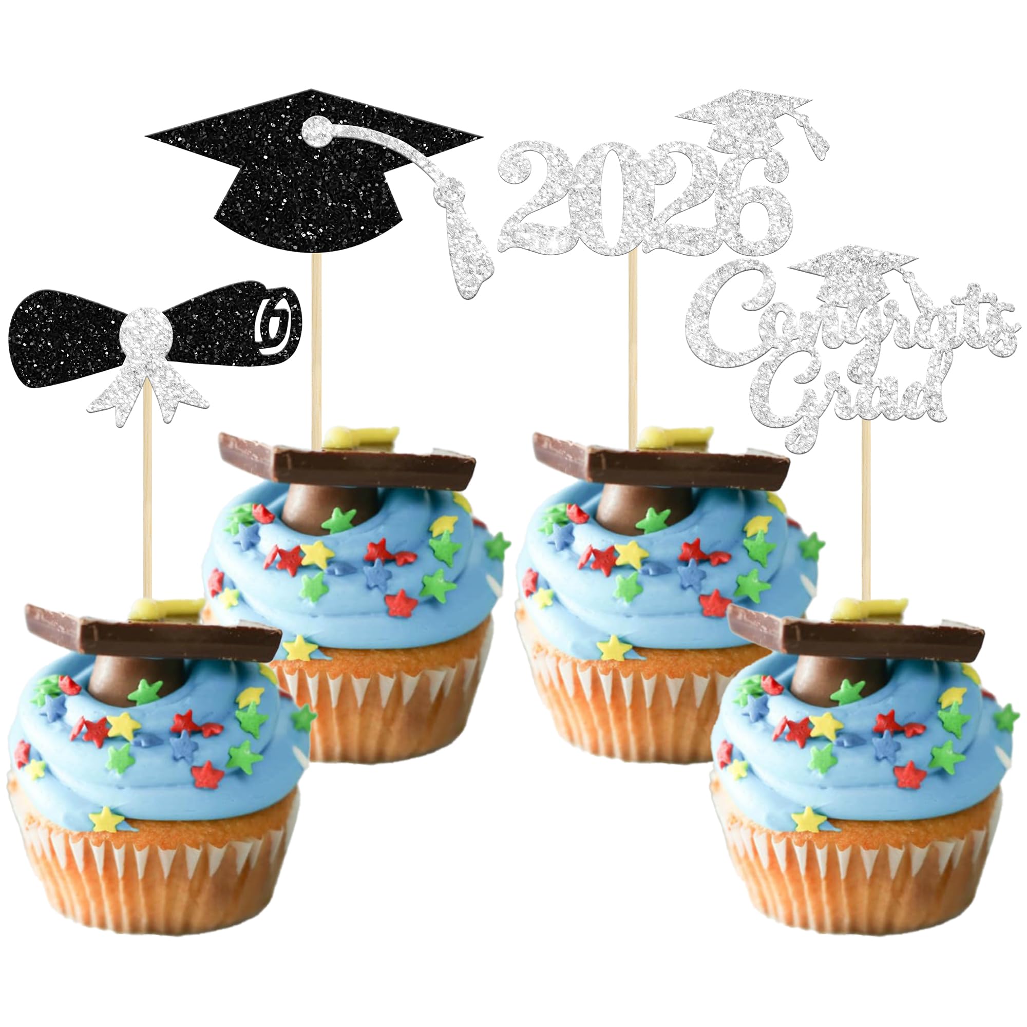 Gyufise 24Pcs 2026 Graduation Cupcake Toppers Silver Glitter Congrats Grad Cap Cake Graduation Party Decorations Diploma Cupcake Picks for Cake Food Class of 2026 Graduation Theme Party Supplies