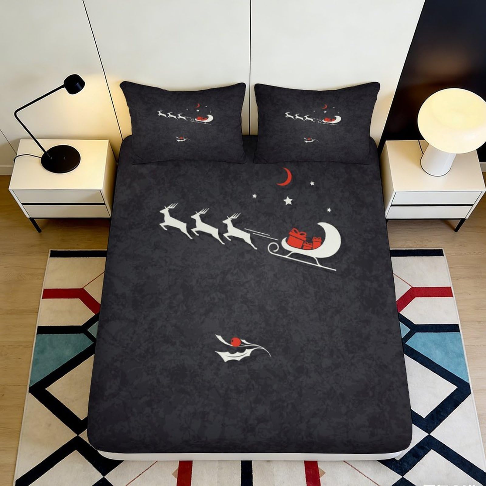Jqzkxnhpbr Style-4 3D Printed Christmas Santa Sleigh Fitted Sheet Microfiber Soft Black Reindeer Bed Sheet For Bedroom Guest Room Decor 90X200x25cm