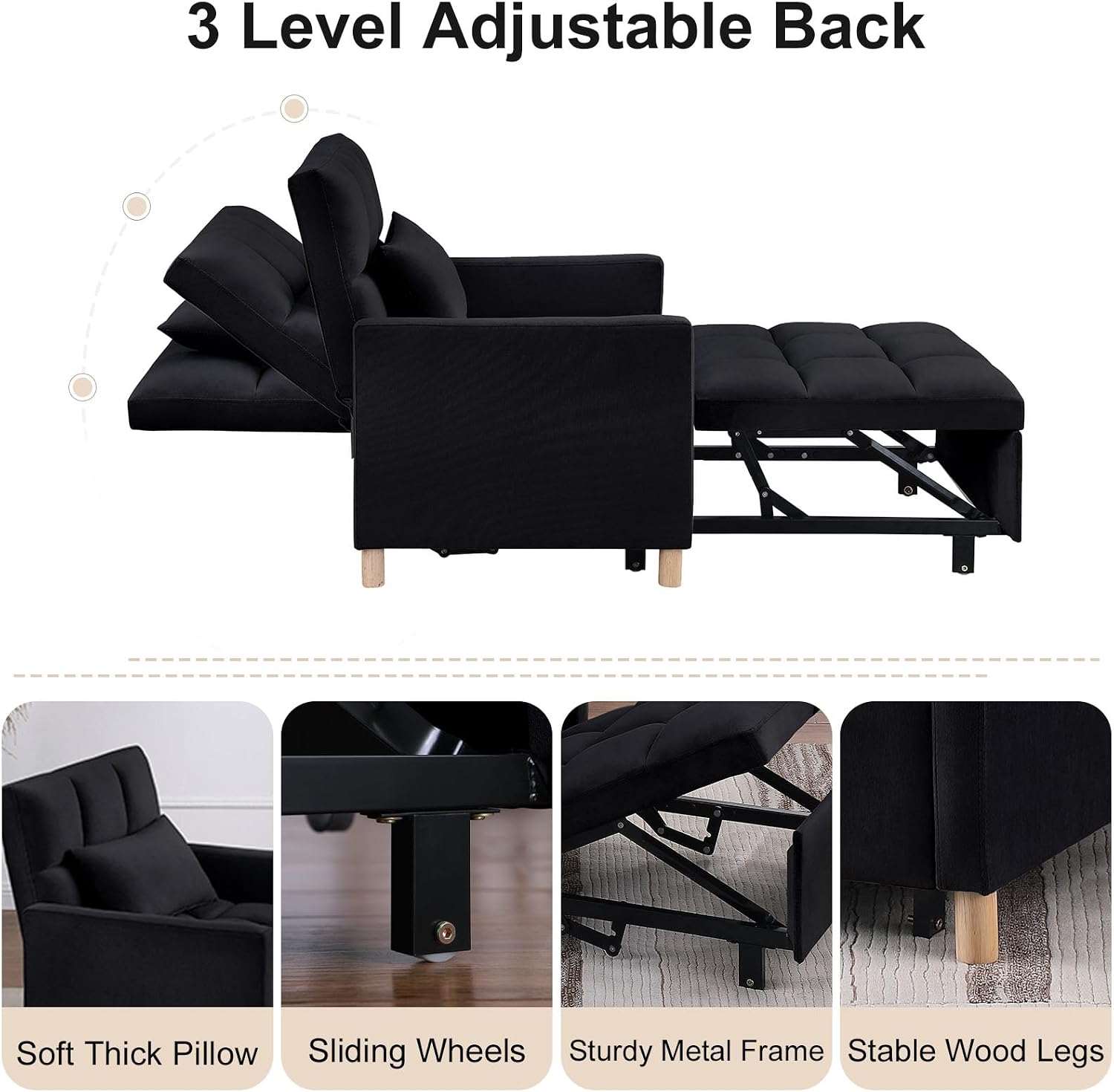 3-in-1 Convertible Sofa Bed, Velvet Fabric Accent Recliner Lounge Sleeper Chair Indoor with Adjustable Backrest & Pillow for Adults, Single Pull Out Sofa Couch for Living Room Bedroom (Black)