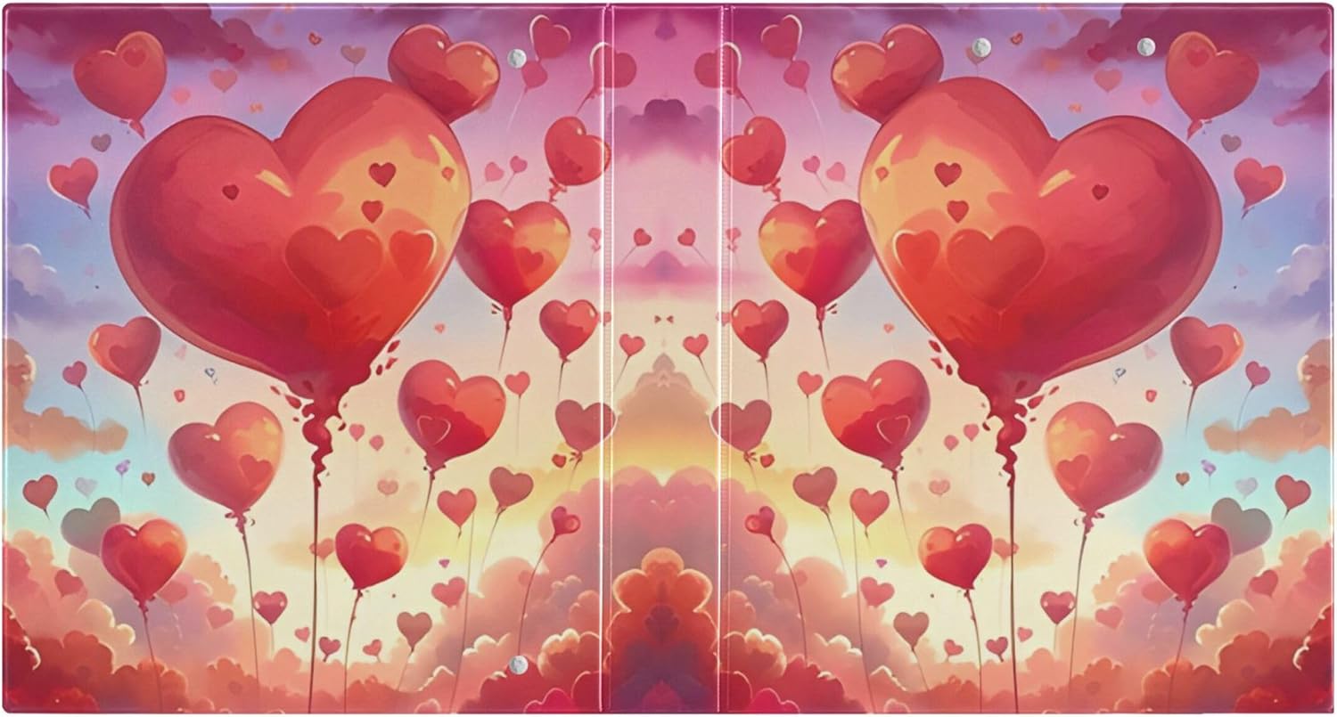 Valentine's Day Hearts 3 Ring Binders, 1.5” Round Ring Binders with Clipboard - Letter Size, 3 Interior PVC Clear Pockets & Anti-Slip Clip for Office School Supplies, 2PCS