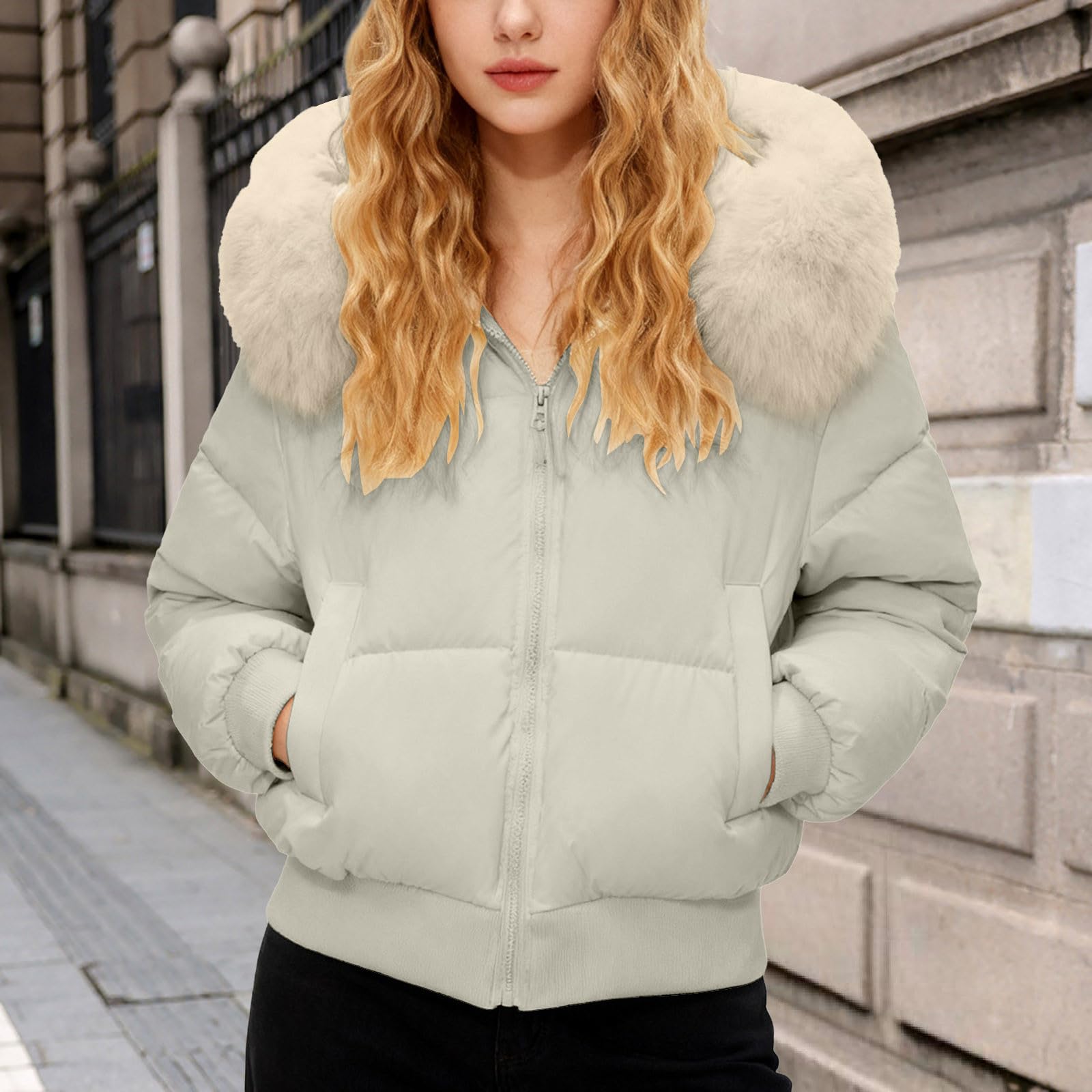 Genérico Cazadora Acolchada Mujer,Chaqueta Corta Acolchada Con Capucha Y Ribete SintéTico CáLida Y TéRmica Ideal Para El FríO Resistente Al Viento Y Con Forro Polar