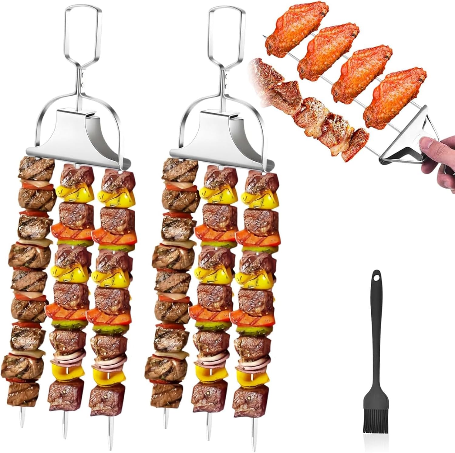 3-Way BBQ Skewers, Grilling Skewers Kit, Stainless Steel Grill Skewers with Push Bar Slider, Kabob Sticks for Meat, Chicken, Sausages, Veggies (2PCS)