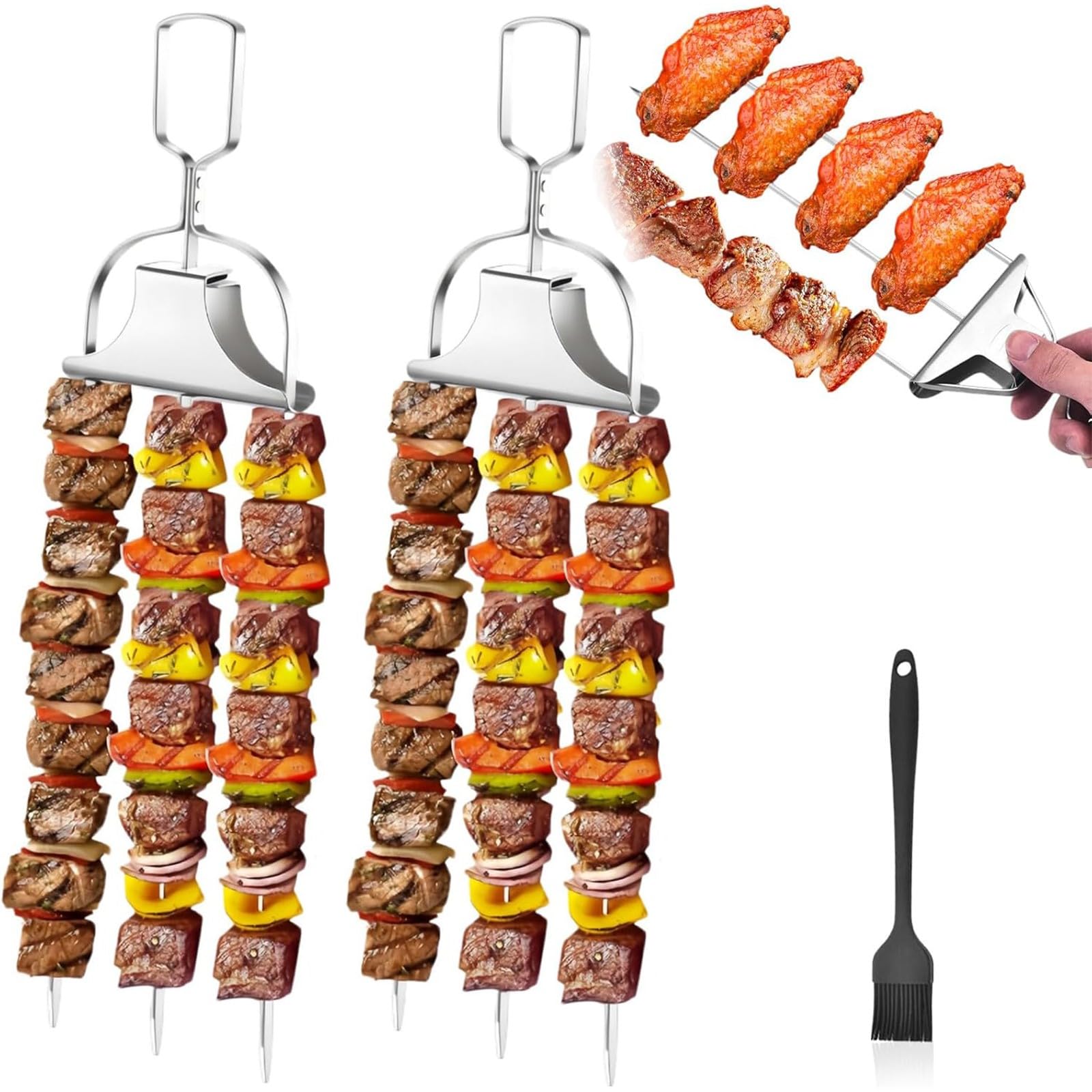 3-Way BBQ Skewers, Grilling Skewers Kit, Stainless Steel Grill Skewers with Push Bar Slider, Kabob Sticks for Meat, Chicken, Sausages, Veggies (2PCS)