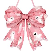 RattanView Pink Ghost Halloween Bows Wooden Door Hanging Sign Cute for Girl