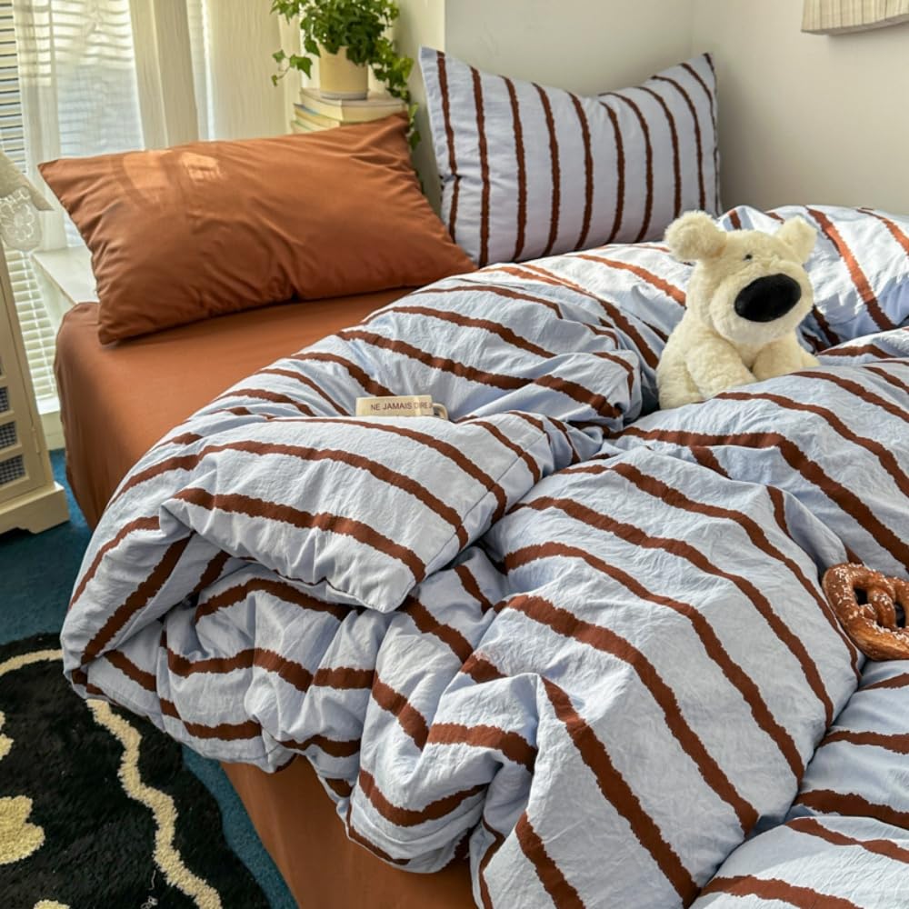 Nyescasa Blue Striped Duvet Cover Sets King Blue Brown Stripes Bedding Set — image 1