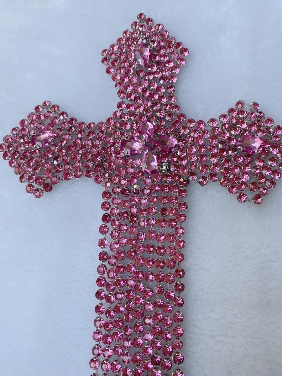 3PCS Pure Handsewing Rhinestones Applique Multicolor Cross Patch DIY Craft Accessories for Dress Jackets Jeans Backpacks Hats Clothing Decoration (Pink)
