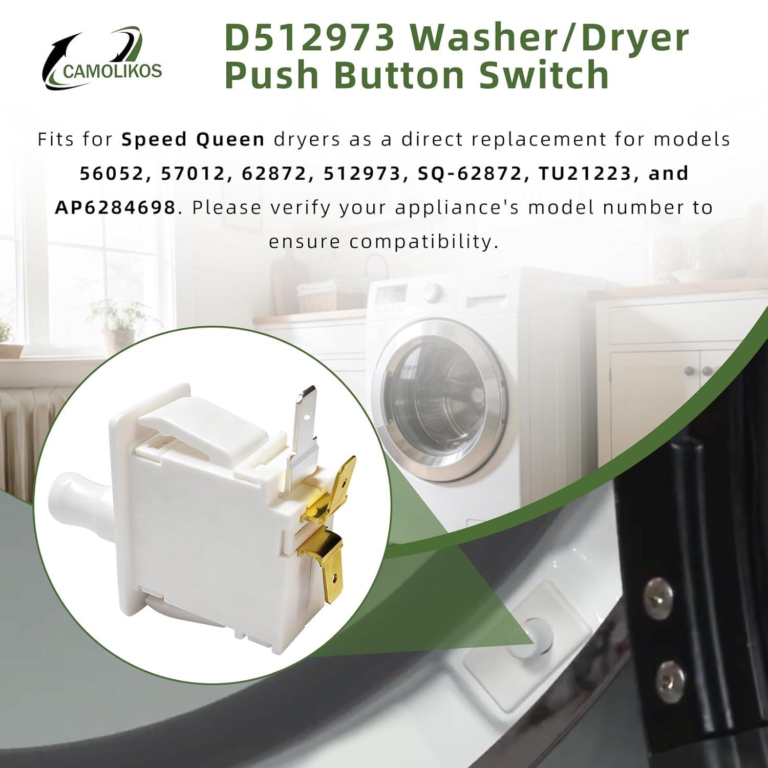 D512973 Washer/Dryer Push Button Switch Fits for Speed Queen Dryer 512973 Door Switch Replace 56052 57012 62872 SQ-62872 TU21223 AP6284698