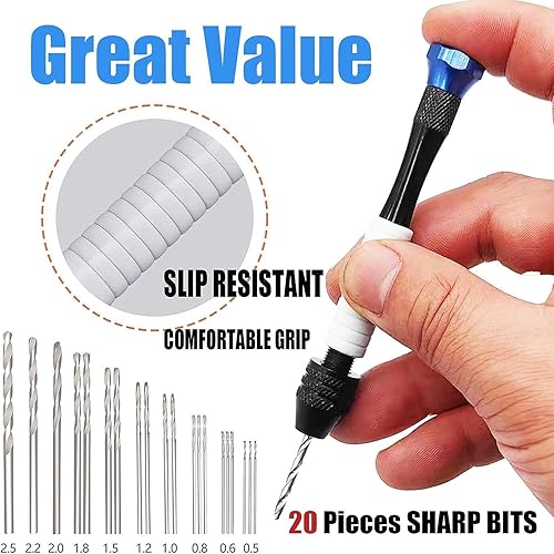 Miniatura 3 de Taladro de mano con tornillo de banco de 4.05 pulgadas con 20 piezas de 0.020-0.098 in de taladro manual de 0.5 a 0.098 in, juego de brocas afiladas