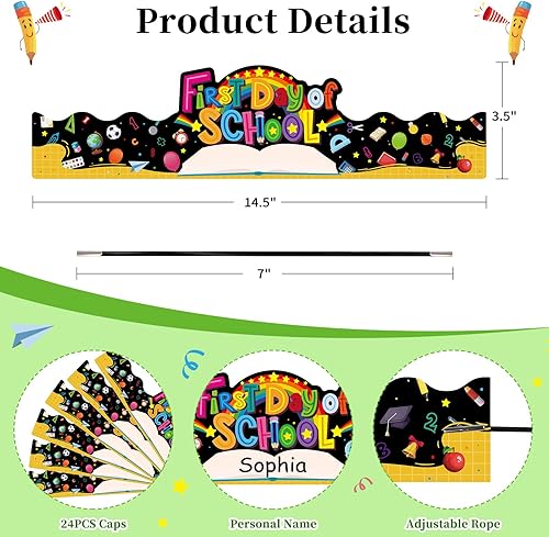 Miniatura 7 de SICOHOME Decoraciones de coronas de papel para el primer día de escuela, 24 unidades, sombreros de papel ajustables, suministros de regreso a clases
