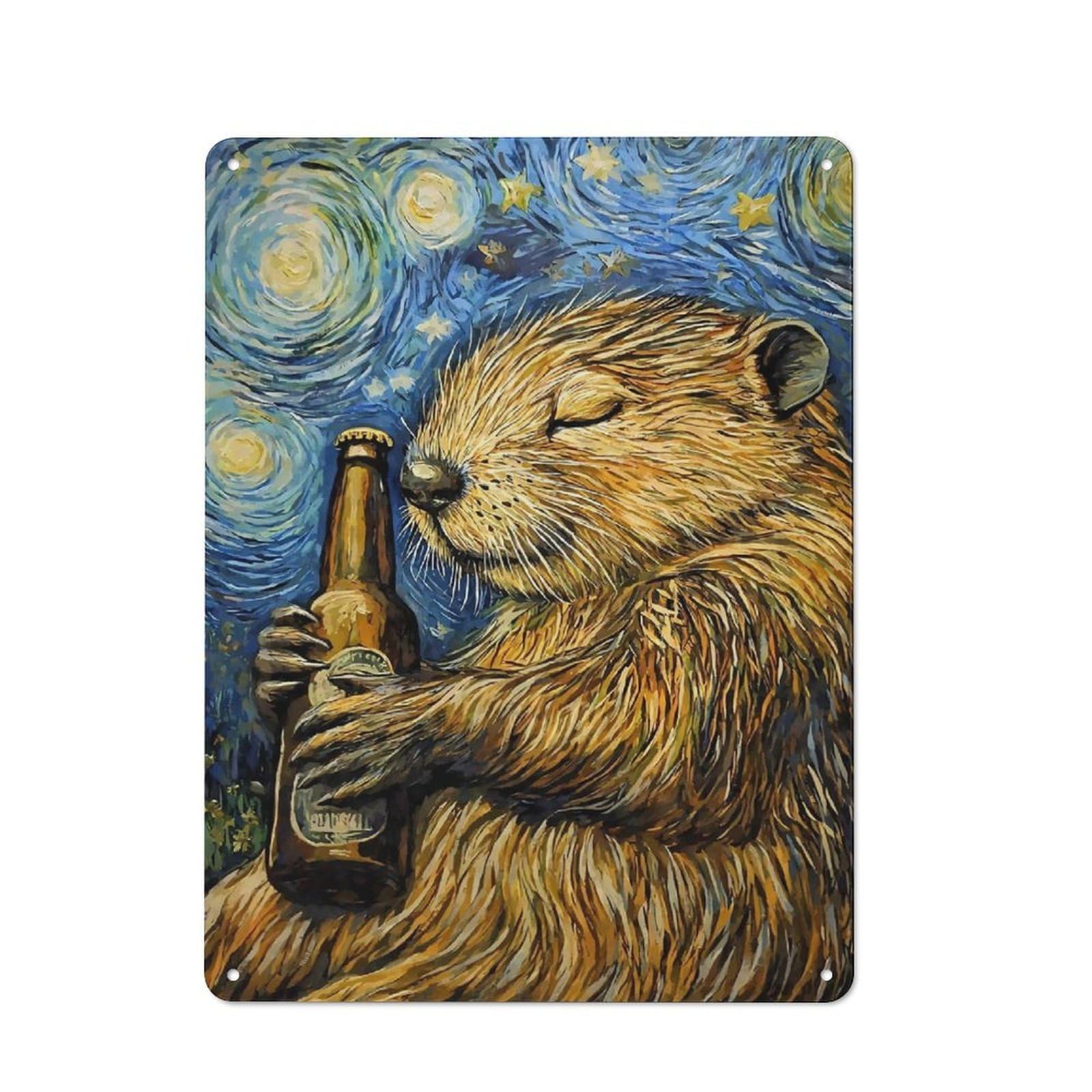 Beaver Beer in Starry Night Outdoor Room Metal Wall Decor 40x30cm, Rustic Tin Sign for Shed, Garden Room, Porch Or Garage