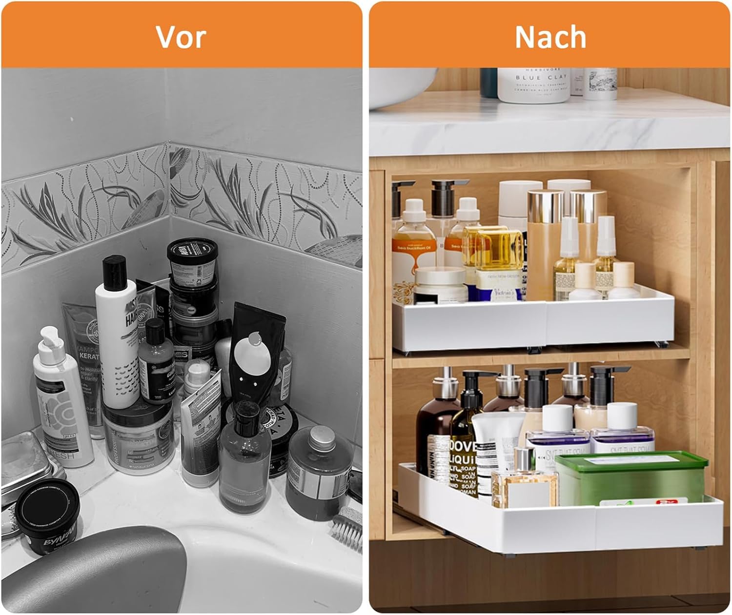 2er Set Teleskopschubladen - Verstellbare Ausziehschieber (32-53cm Breite) für Küchenschränke | Mit Klebebefestigung & 3 Schienensystem | 34kg Tragkraft (Weiß)