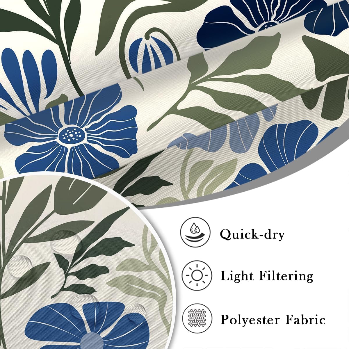 Boho Shower Curtain Stall Small Half Single Mini Blue Floral Cute Fun Abstract Flower Vintage Retro Rustic Farmhouse Country Funky Fabric Cloth Bathroom Decor Set 36x72 inch Polyester 7 Hooks image 3