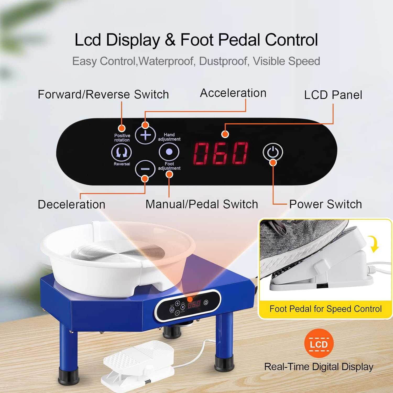 Torno eléctrico para alfarería, máquina de moldeo de cerámica de 350 W con Pantalla táctil LCD/Pedal para Estudio Artesanal (Turquoise)