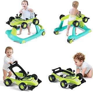 BABY JOY 4-in-1 Baby Walker, Foldable Activity Walker with Adjustable Height & Speed, Music, Lights, Anti-Rollover, Toddler Push Walker, Baby Walker with Wheels for Boys Girls 6-18 Months (Green)