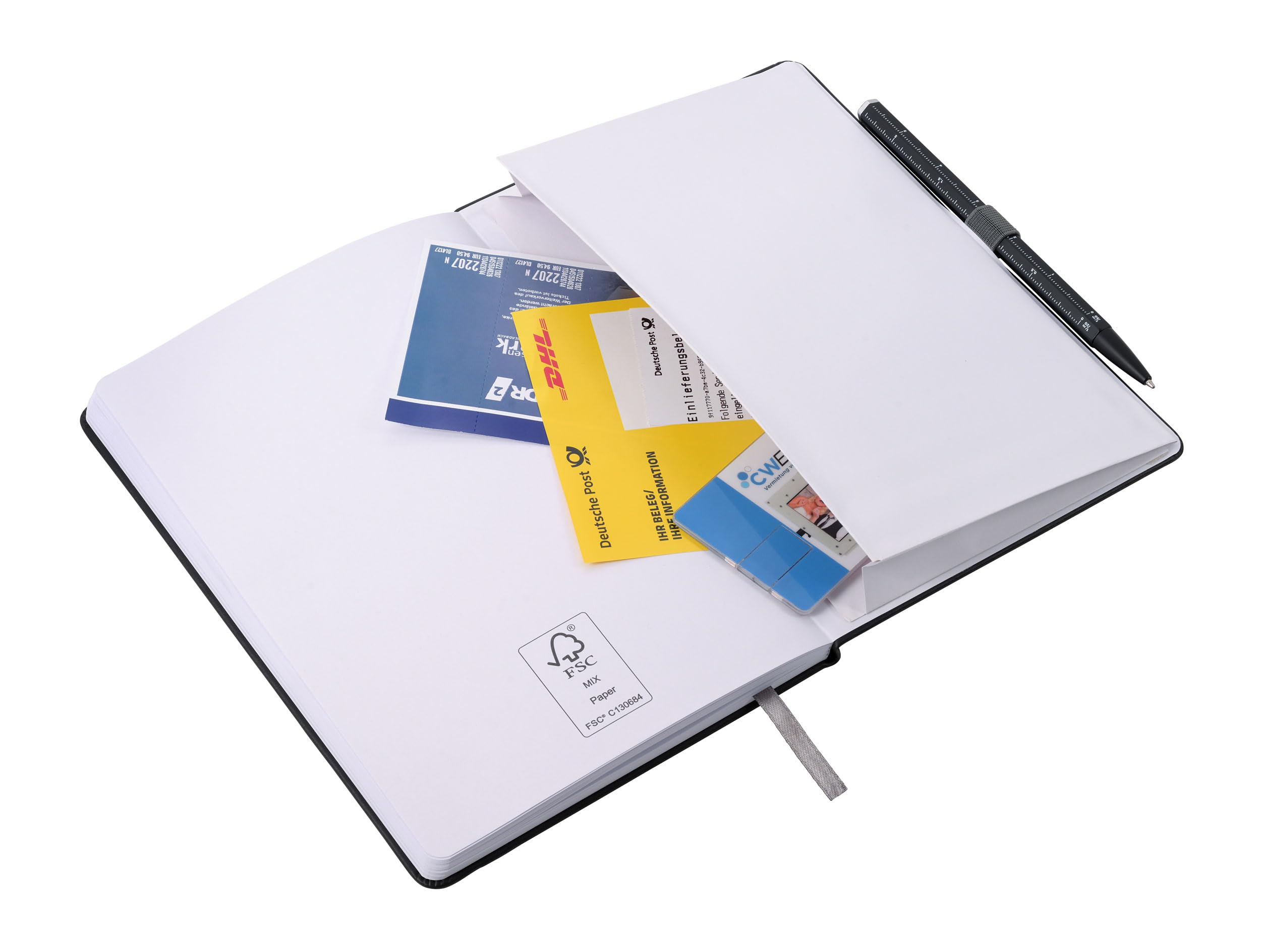 TROIKA Original A5 not defteri, tükenmez kalem dahil, elastik bant, kalem halkası, kitap ayracı, toplantılar, yapılacaklar, günlük için, FSC kağıt, suni deri, metal, siyah