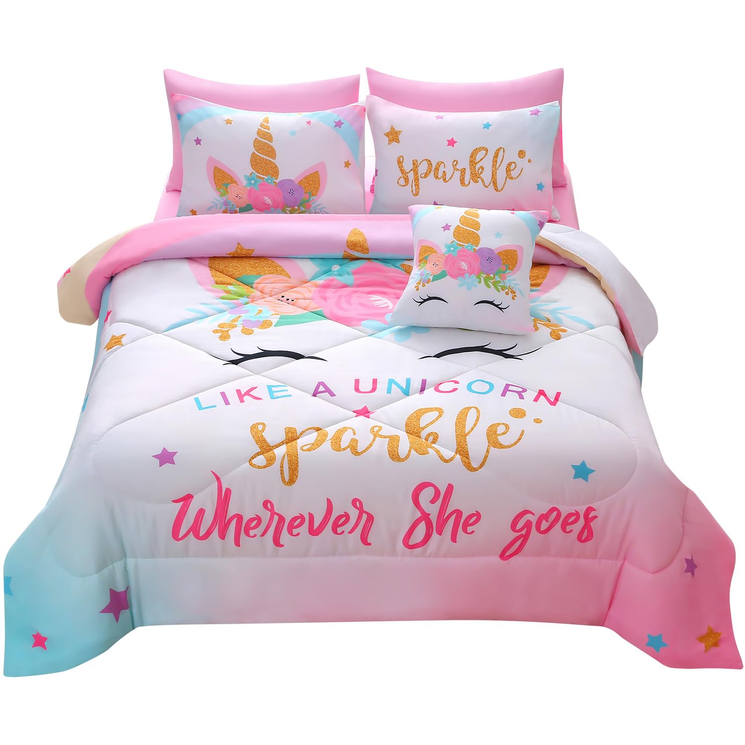 JQinHome Unicorn Full Bedding Sets for Girls Kids,8 Piece Bed in A Bag 3D Colorful Flower Girl Unicorn Comforter Set with Sheet Set(Sparkle)