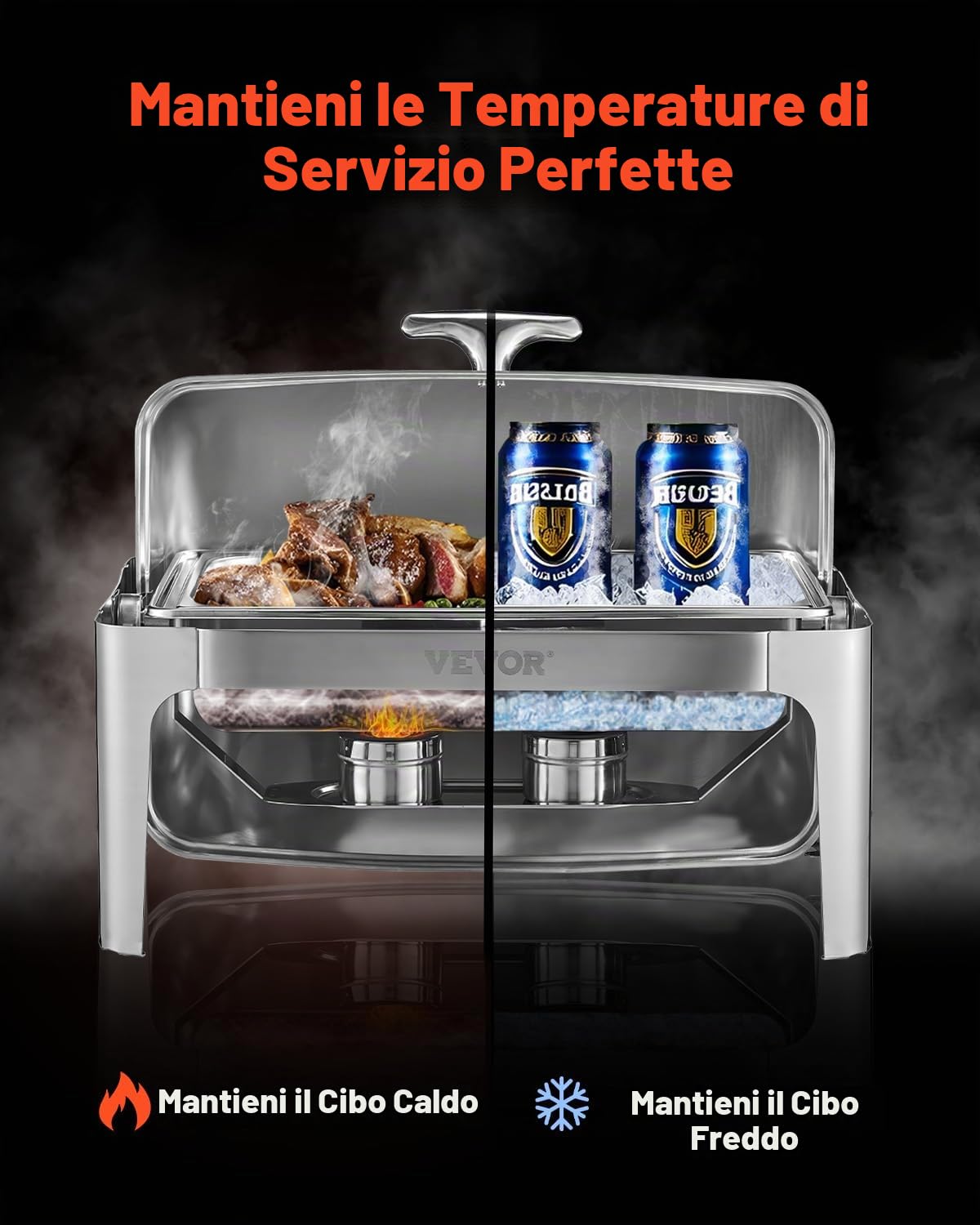 VEVOR Set di Scaldavivande 8,5 L Scaldavivande Rettangolare in Acciaio Inox, con Padella di Dimensioni Standard, Coperchio, Supporto Pieghevole per Acqua, Supporto per Carburante, Clip per Pasti