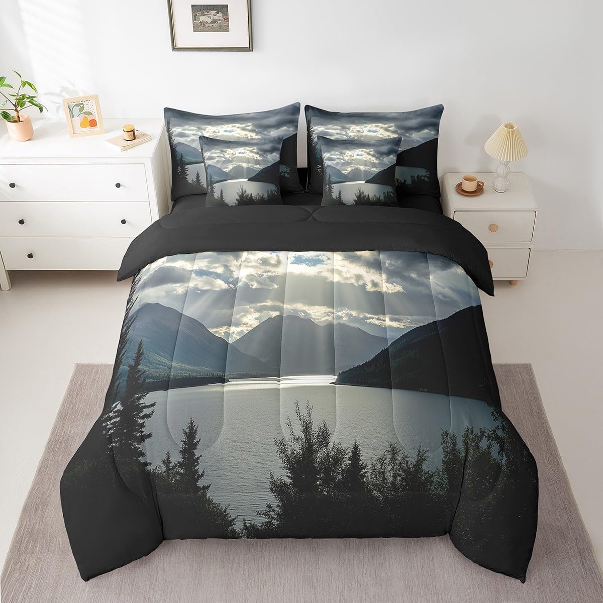 Erosebridal Nature Theme Twin Bedding Set 7 Piece Mountain Comforter Set with Sheets Lake River Trees Bed in A Bag for Kids Adults Reversible Natural Scenery Bed Set with Comforter,Pillow Covers