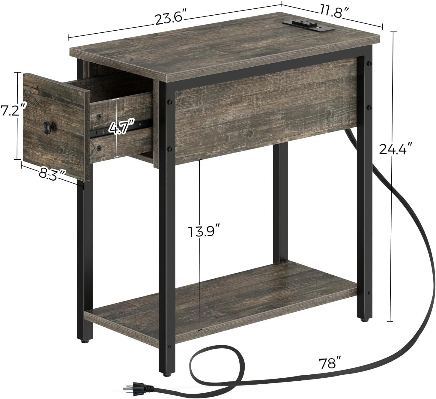 Rolanstar End Table with Charging Station & 2 USB Ports, Side Table with Drawer and Shelf, Narrow End Table with Large Storage, Sofa Side Table Sturdy Bedside Table for Living Room Grey