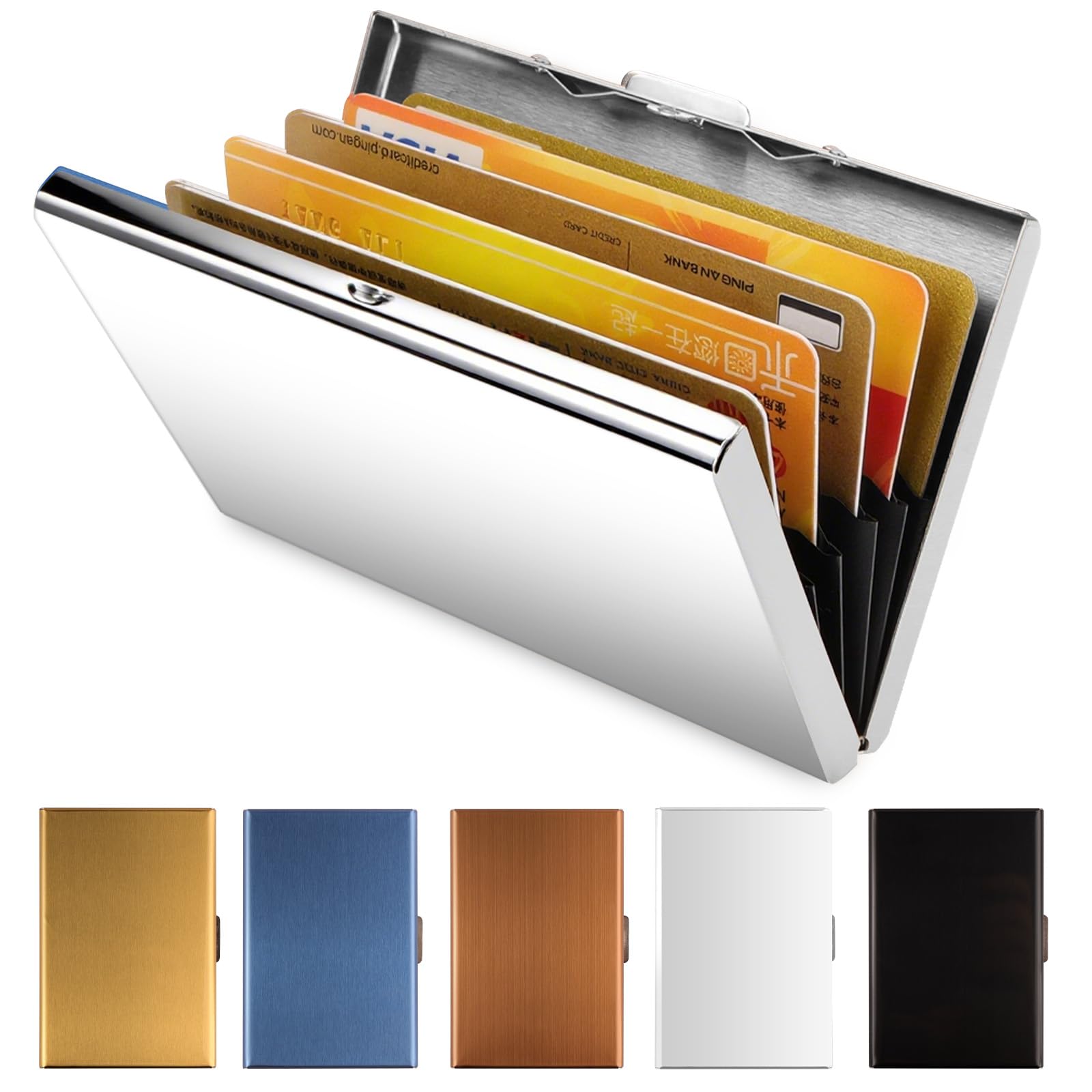 Metal Credit Card Wallet, URAQT Stainless Steel RFID Credit Card Holder, Metal Credit Card Case Protector Wallet for Women or Men with 6 PVC Slots (Silver, 1 Pack)