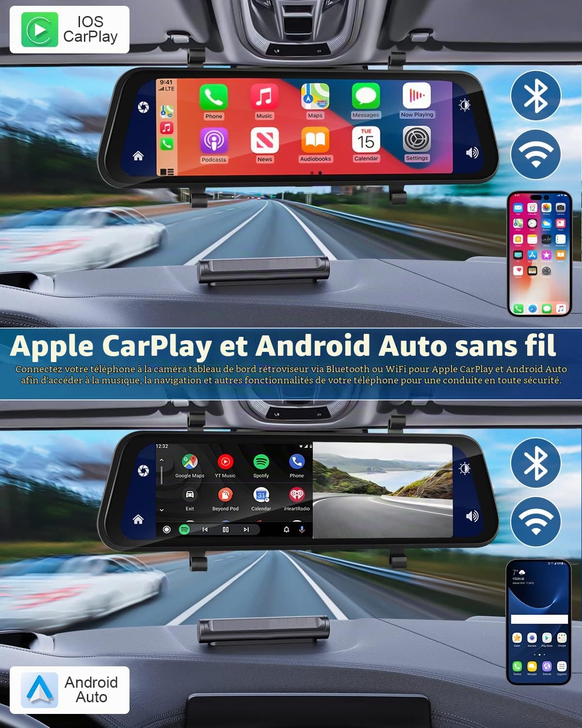 Dashcam Voiture Rétroviseur 9,66'' Carplay Android Auto | Caméra de Recul, Commande Vocale GPS Night Vision, Enregistrement Boucle Capteur G Surveillance Stationnement, SD 32G