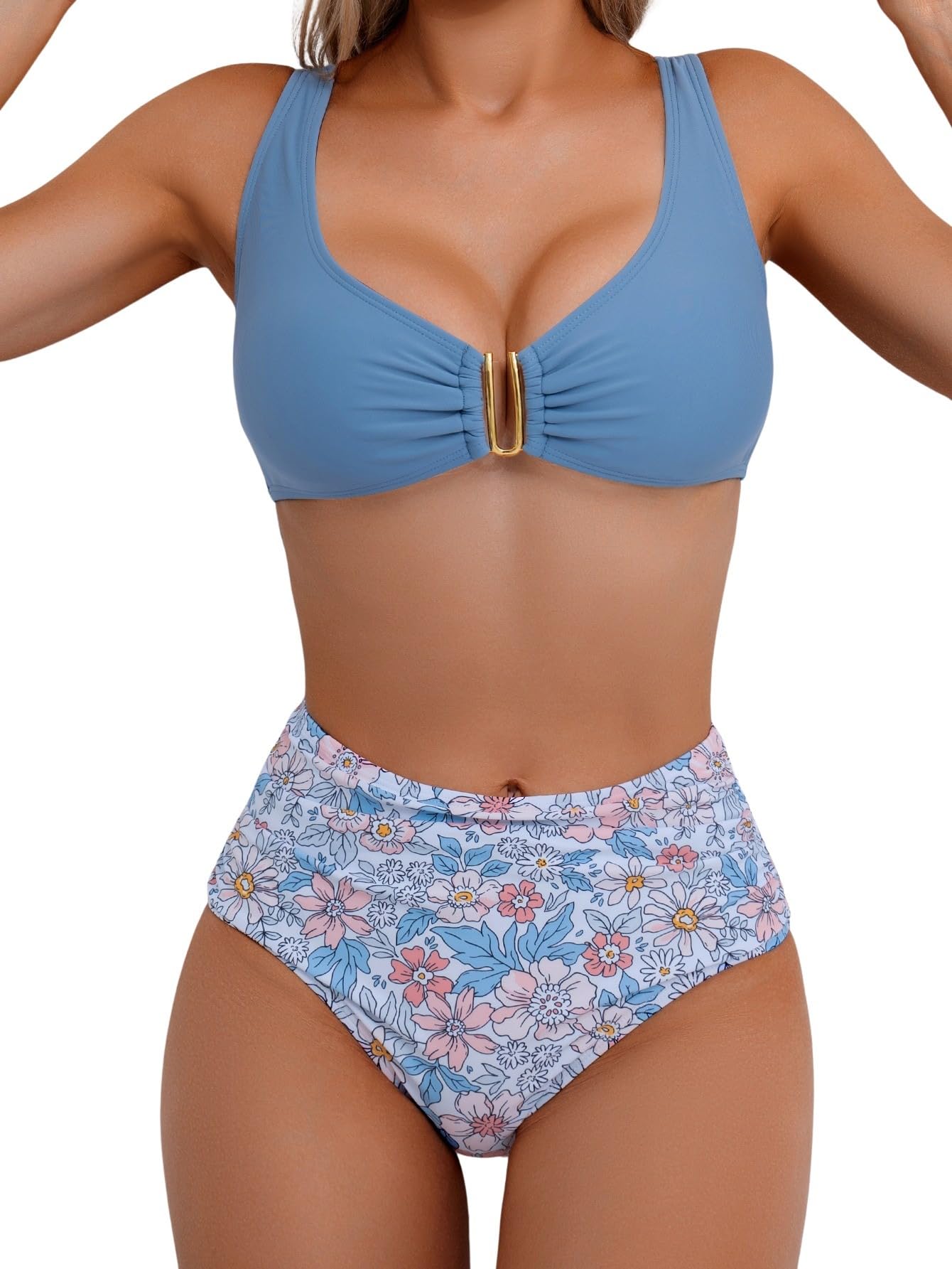 Eomenie High Waisted Bikini Sets for Women Tummy Control U Wired Swimsuit | Deep V Neck, Adjustable Wide Straps, Ruching, Full Coverage, Removable Bra, Bathing Suit For Beach Vacation