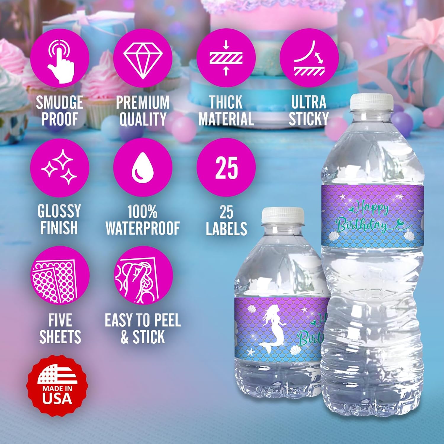 25 Mermaid Water Bottle Labels, Tail Waterproof Water Bottle Wrappers, Stickers for Themed Birthday Party Decorations, Baby Shower. Made in USA
