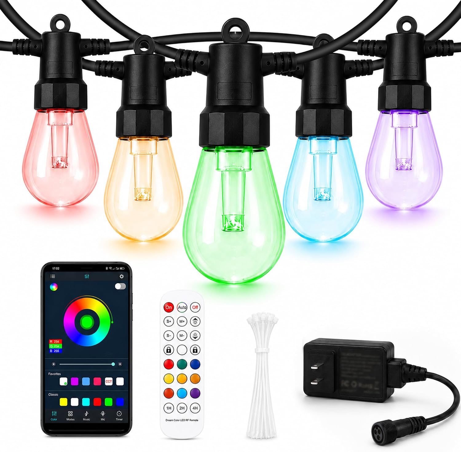 Outdoor String Lights, 50FT RGBW Color Changing Patio Lights with Remote and APP, Dimmable IP65 Waterproof Shatterproof LED Lights for Backyard Garden Party Decor