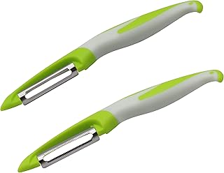 AAOTOKK 2 Pezzi Fruit P Shape Pelapatate Girevoli Lame in Acciaio Inox Pelatrici per Mango,Mele,Arance,Pomodoro,Carote,Patate,Cetriolo Frutta e Verdure in Cucina Pelapatate(P-Lama Seghettata/Piatta)