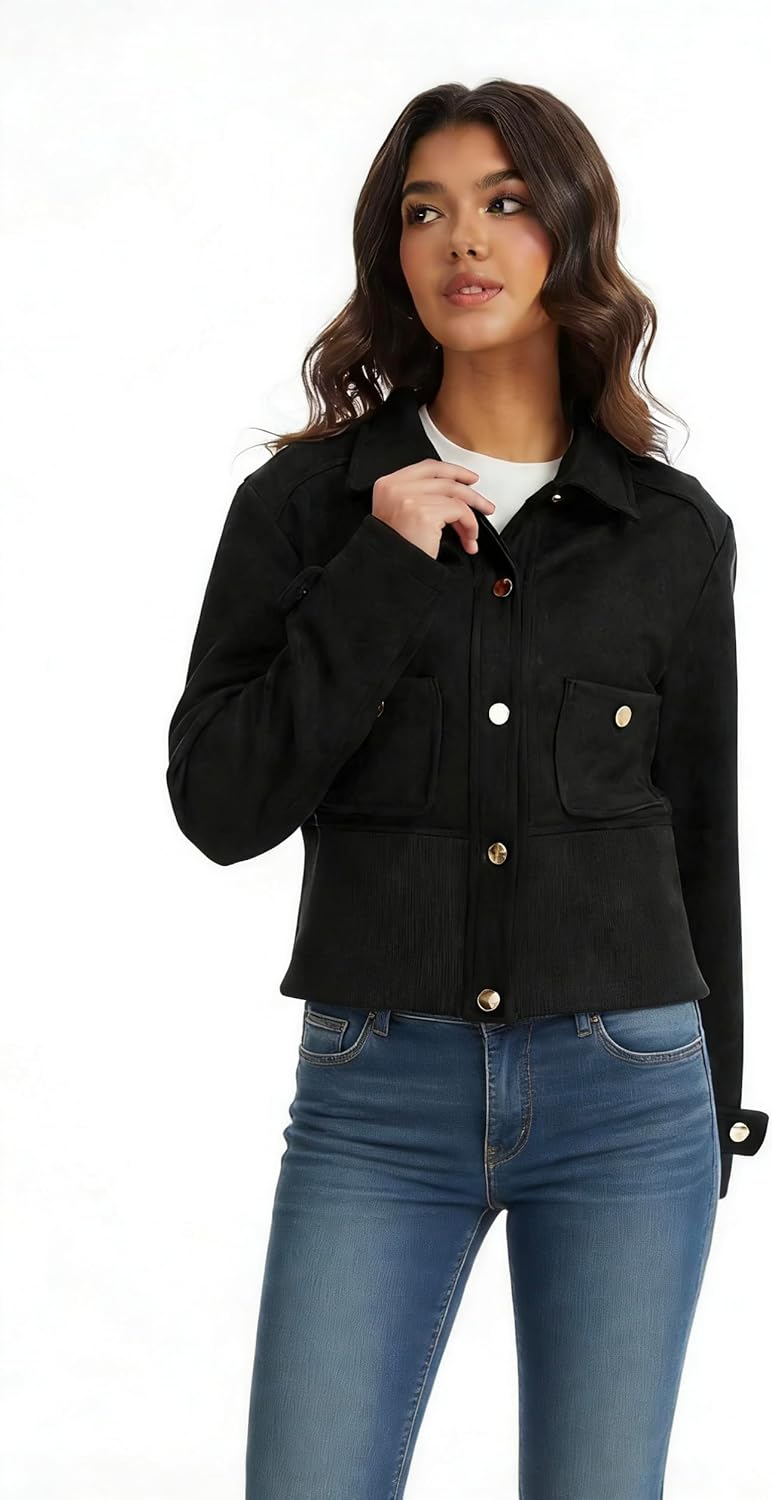 Moreone Women's Faux Suede Cropped Bomber Jacket for Women, Lightweight Button Down Spring Coat with Pockets