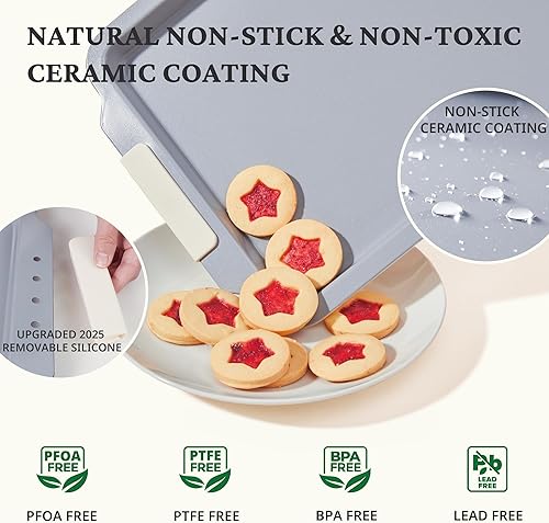 Miniatura 3 de BRONYPRO Juego de 3 bandejas antiadherentes de cerámica para hornear, bandejas para galletas naturales no tóxicas para hornear - libres de PFOA y