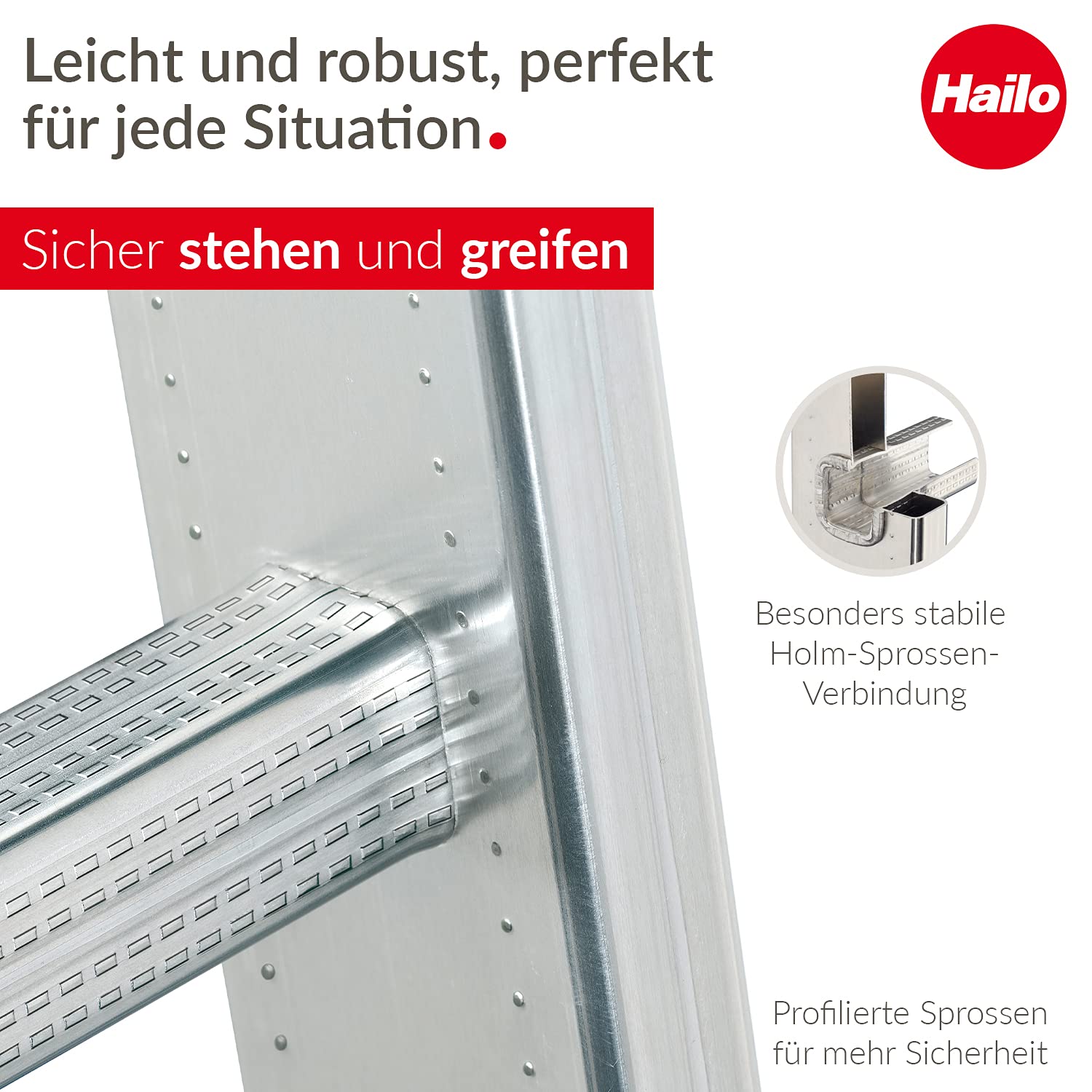Hailo S60 ProfiStep UNO - Escalera de 18 peldaños de Aluminio con 2 Patas para Patas, soporta hasta 150 kg, Escalera de Aluminio Fabricada en Alemania, peldaños inoxidables, Color Plateado