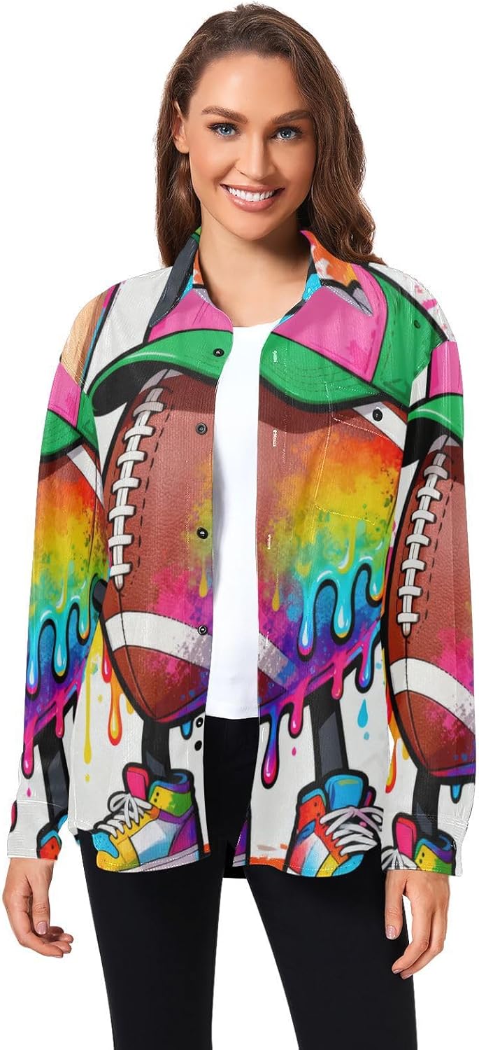 Drip-Style Cartoon Rugby Ball Woolen Cord Fabric Mens Dress Shirts Long Sleeve for Women Sports with Pockets