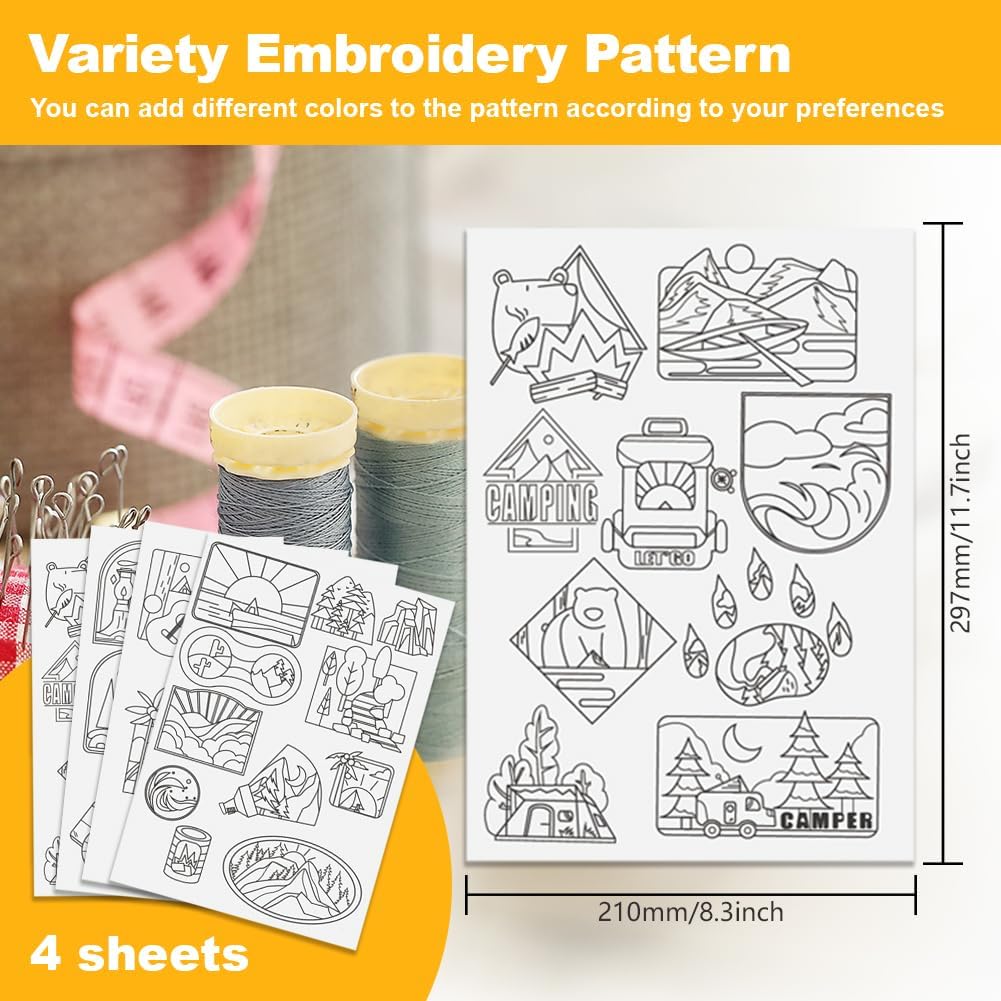 4 Sheets Water Soluble Embroidery Stabilizers 11.69x8.27 Inches Camping Themed Stick and Stitch Embroidery Paper Adhesive Embroidery Transfer Paper for Shirts Coats Bags