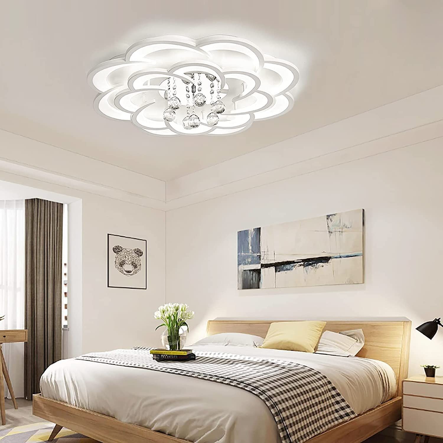 Nowoczesna lampa sufitowa LED w kształcie kwiatu, z elementami akrylowymi i kryształowymi, do zabudowy sufitowej, idealna do salonu, jadalni lub sypialni.