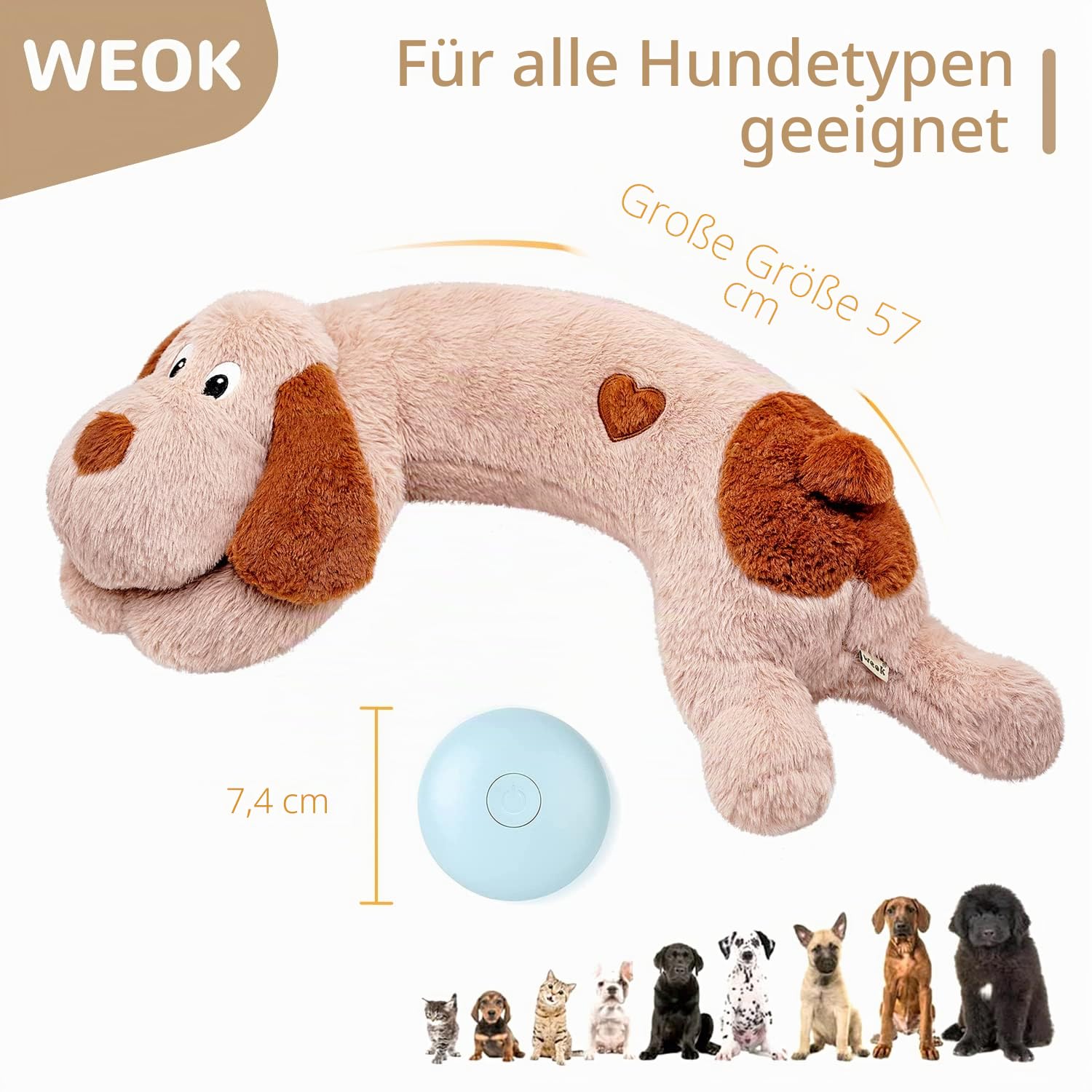 WEOK Heartbeat Welpe Plüsch Hundespielzeug, Welpe Herzschlag Stofftier für Hunde Angst Linderung Verhalten Hilfe Spielzeug (Brown +Big)