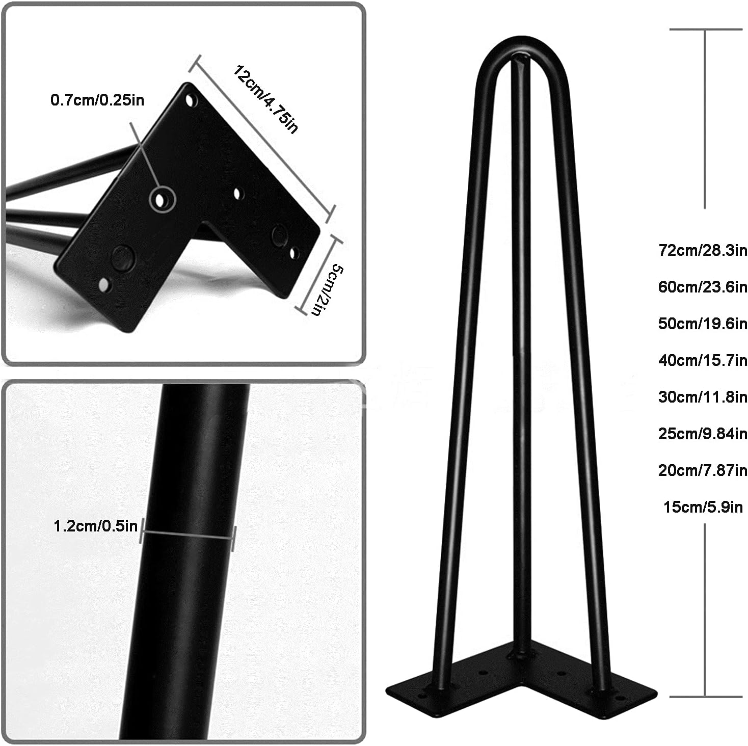 Heavy Metal Furniture Legs, 1/2" Solid Hairpin Legs, 3 Modern Table Legs, DIY Iron Bench Legs, Furniture Replacement Feet, 4pcs ()