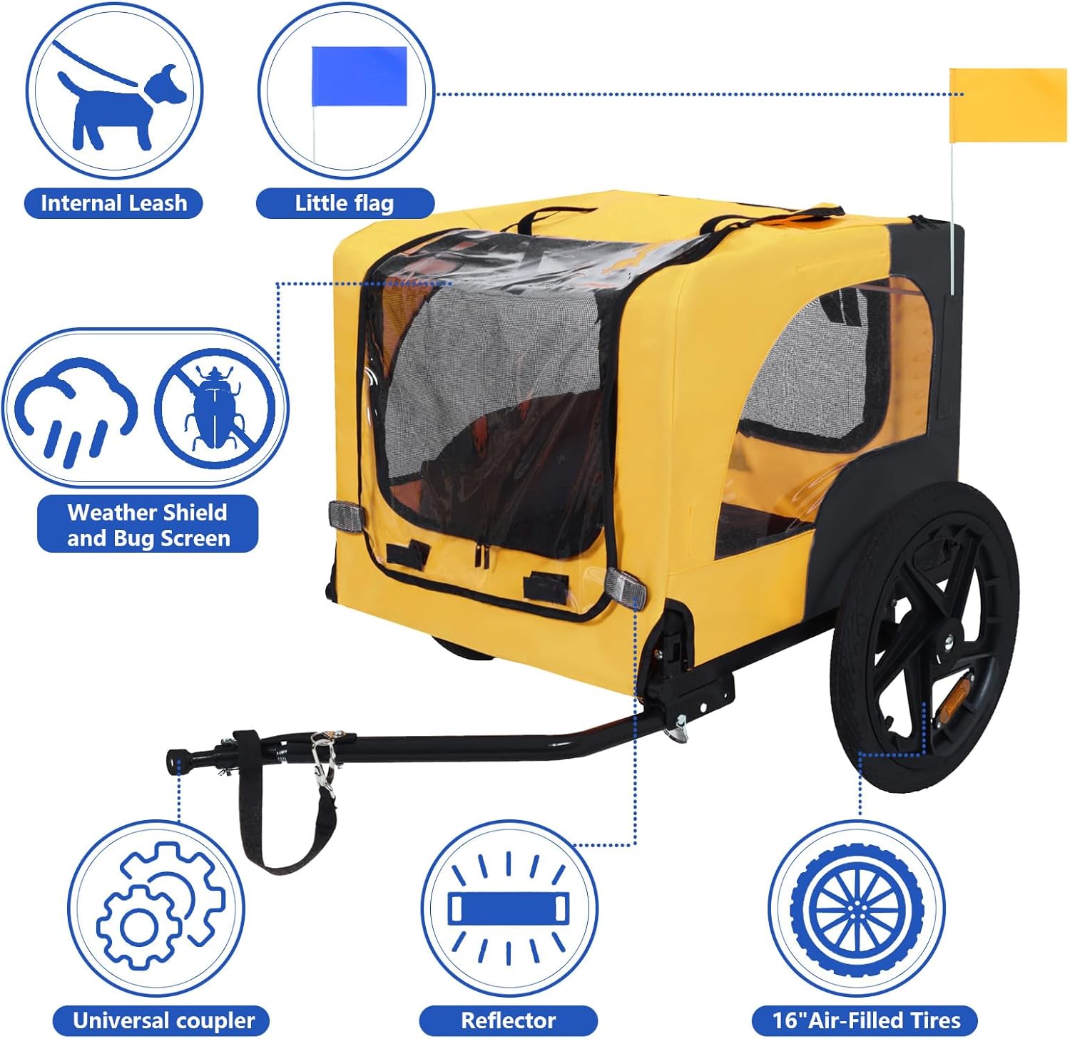 31.5” Dog Bike Trailer with Wheels, Folding Dog Bike Trailer Carrier for Small and Medium Dogs, Non-Slip Floor, Internal Leash, Safety Reflectors & Universal Bicycle Coupler