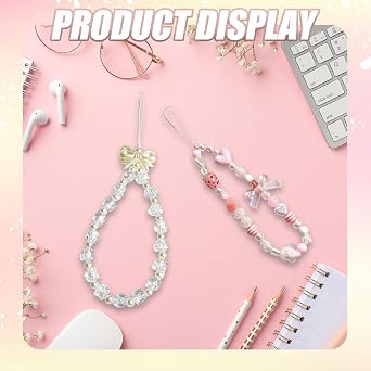 2Pcs Cute Phone Charm Wrist Strap, Pearl Bow Crystal Flower Phones Charms, Pink Stylish Phone Chain, Anti-Lost Lanyard Handmade Phones Bracelet Strap, Adorable Charms for Women Girls
