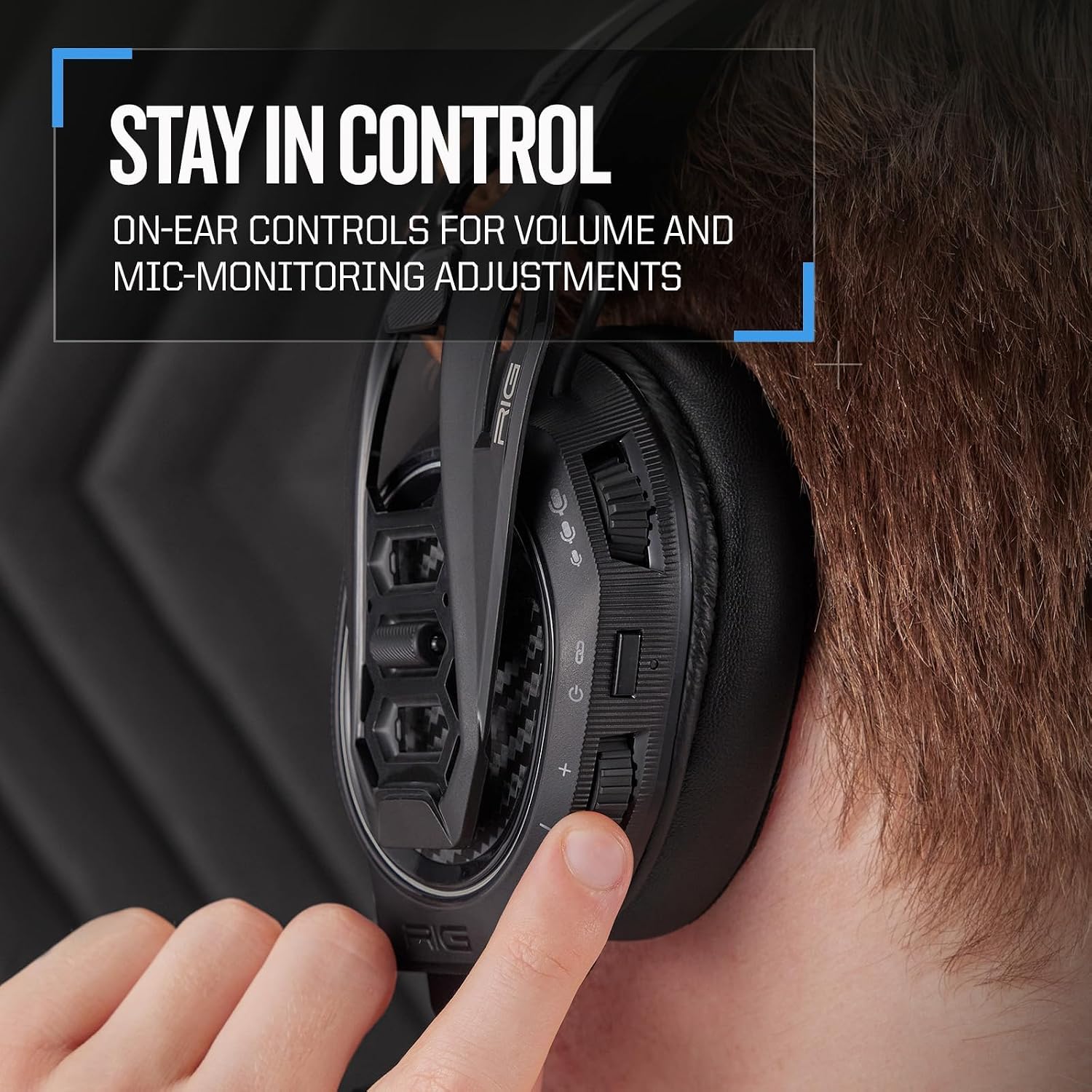 Close-up of the RIG 800 PRO HS earcup showing the volume wheel and other controls.
