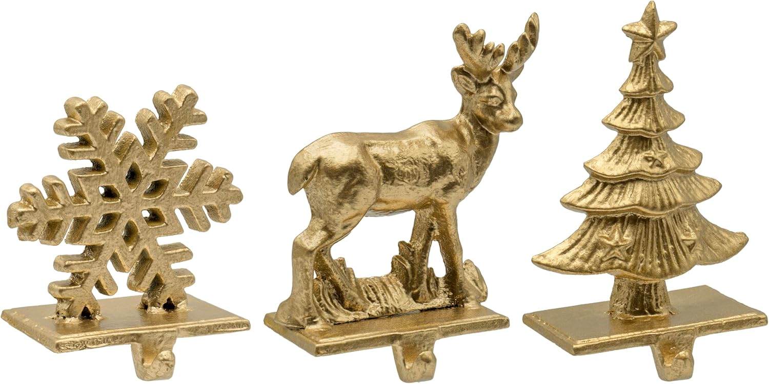 Red Co. Set of 3 Snowflake, Reindeer & Christmas Tree Decorative Cast Iron Stocking Holders in Old Gold Finish