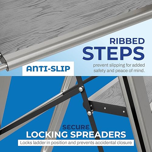 Miniatura 6 de Escalera plegable de 1 escalón, decorativa, hermosa madera gris y aluminio plateado, perfil ultra delgado, peldaños antideslizantes, resistente y