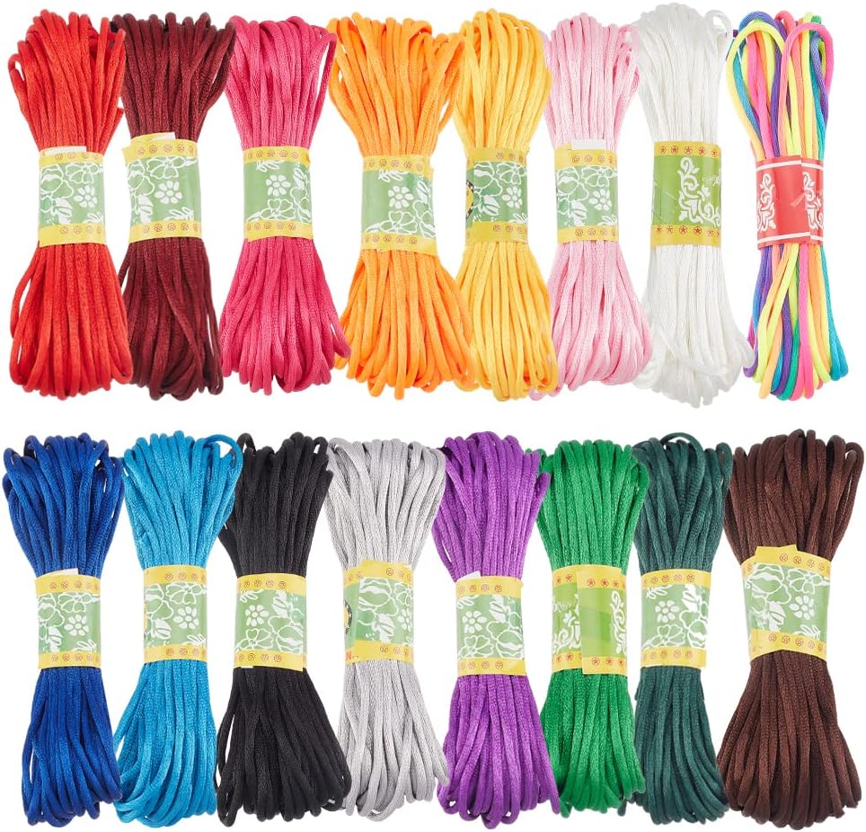 PH PandaHall 3mm Satin Nylon String 16 Colors Rattail Silk Cord 160 Yards Silk Bracelet String Beading String for Friendship Bracelet Necklace Chinese Knot Macramé Trim Dream Catchers Braid Hair