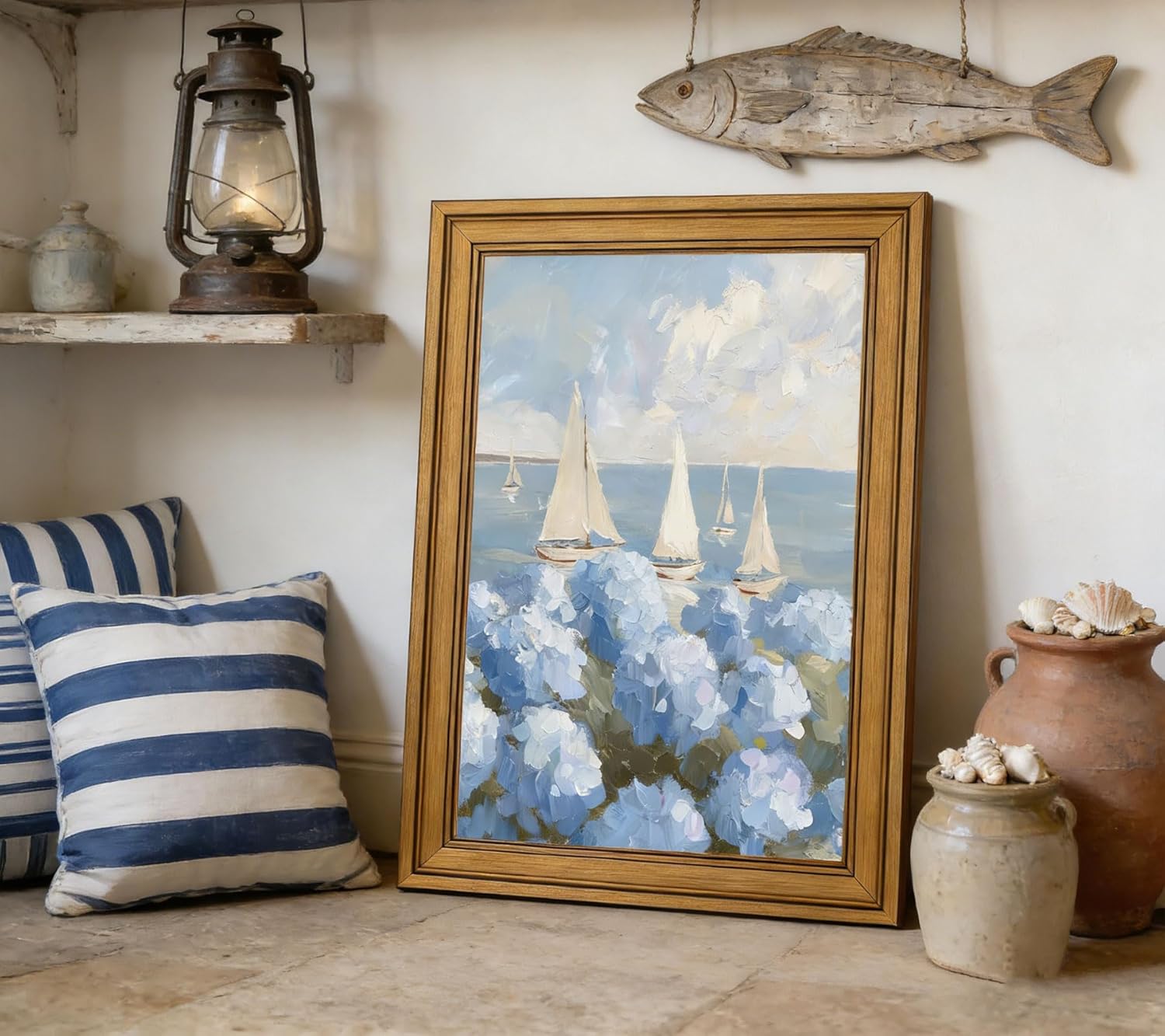 Gold Framed Vintage Coastal Hydrangea Canvas Wall Art Coastal Sailboat Painting Picture Wall Decor Seaside Summer Poster Print Artwork for Bedroom Living Room Bathroom Home Decoration 12x16in