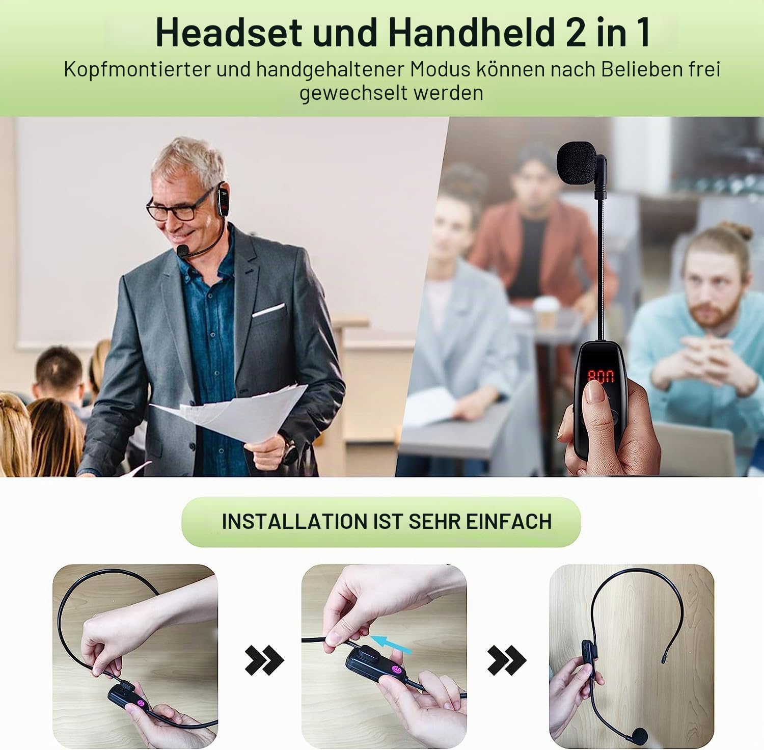 Wireless Mikrofon Headset,UHF Duale Kabellose Mikrofone mit LED Digitalanzeige, Wiederaufladbares Drahtloses Mikrofon für Touristenführer/Dozent Lehre/Große Konferenzaktivitäten